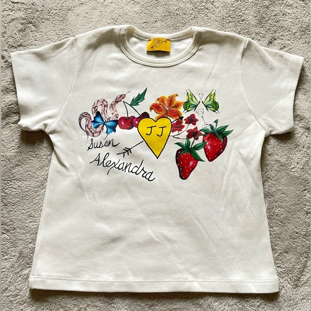 JULIET JOHNSTONE Women's White Graphic Short Sleeve Baby Tee Size S - Picture 1 of 7